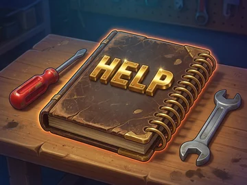 Manual de cuero con la palabra AYUDA en letras doradas sobre un banco de trabajo